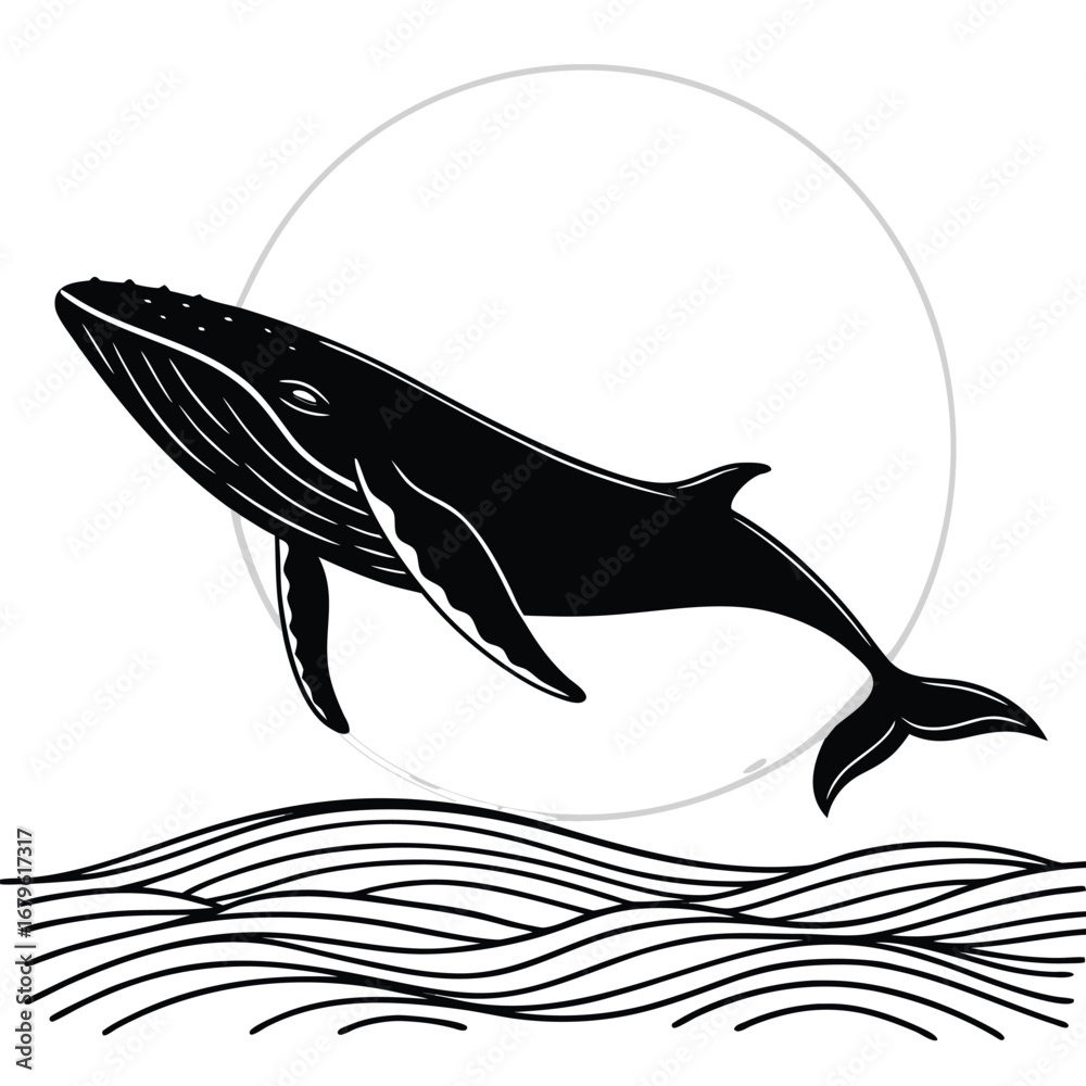 Fototapeta premium Whale swimming above glowing horizon silhouette
