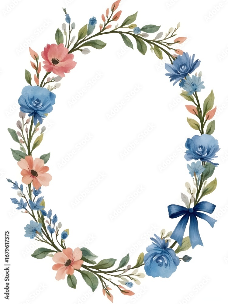 Fototapeta premium Hand-painted watercolor floral oval wreath with blue-ribbon.
