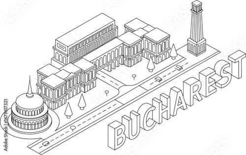 Bucharest Cityscape Isometric Outline Vector Illustration with Palace and Tower Landmark