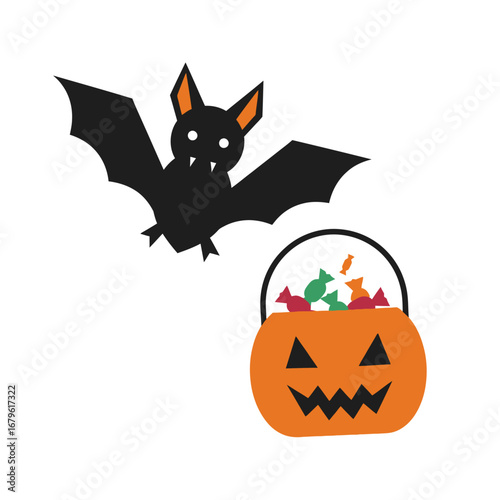 Halloween icon set with a flying bat and a jack-o'-lantern candy bucket
