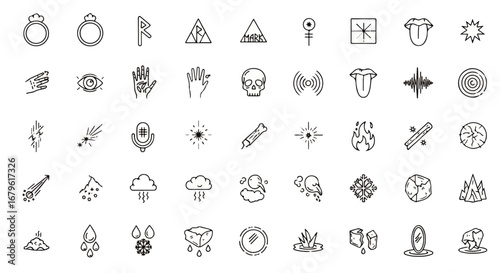 Collection of Hand-Drawn Line Art Icons and Symbols