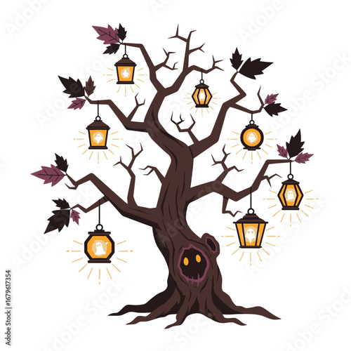 Halloween Tree with Glowing Lanterns and Spooky Accents
