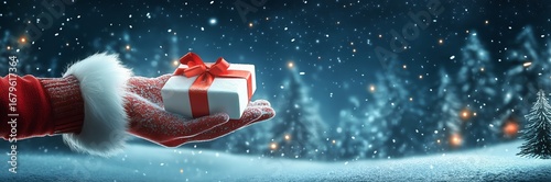 Christmas Gift Held in Snowy Forest Setting During Winter Night.
