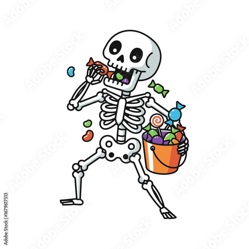 Happy Skeleton Eating Candies From Bucket Halloween Illustration