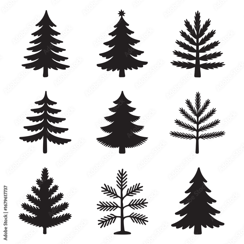 Obraz premium Set Pine trees, fir, spruce. Hand drawn black silhouettes, icons. Christmas, New Year decoration. Holiday design elements. Vector black silhouette. with white background