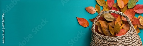 Woven Bag Surrounded by Autumn Leaves on a Vibrant Teal Background.