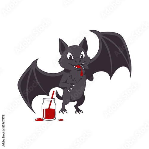 Cute cartoon bat enjoying a blood-red drink from a jar with a straw