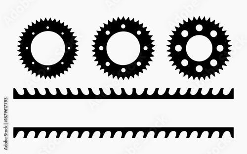 Three black sprockets and two chain links on white background