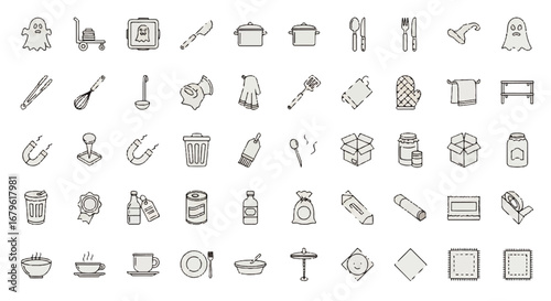 Collection of Doodle Style Icons: Kitchen, Halloween, and Household Items