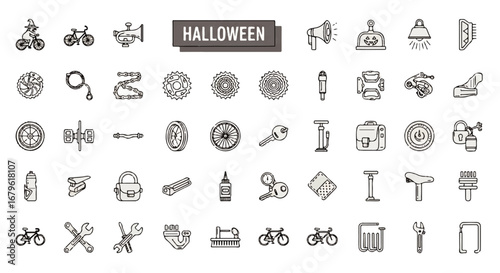A diverse set of hand-drawn doodle icons featuring bicycle parts, repair tools, and fun Halloween elements.