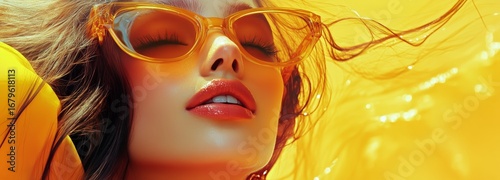 Bright Summer Portrait of a Woman With Sunglasses Against Vibrant Yellow Back...