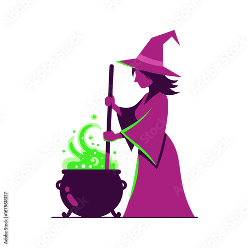 Enchanting Witch Brewing Potion in Cauldron with Green Smoke for Halloween Magic