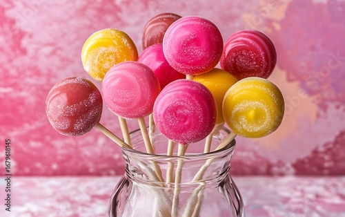 Delicious Pink and Yellow Cake Pops in Glass Jar