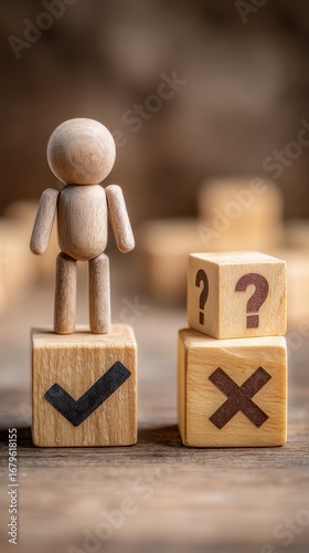 Decision making and choosing between the right and wrong. Confusion about to accept or to reject. Stickman with question mark standing in between the wooden cubes with check mark.