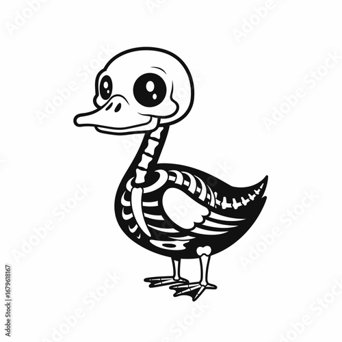 Delightful monochrome cartoon of a duck with visible bones, a unique blend of whimsy and anatomy, perfect for quirky designs