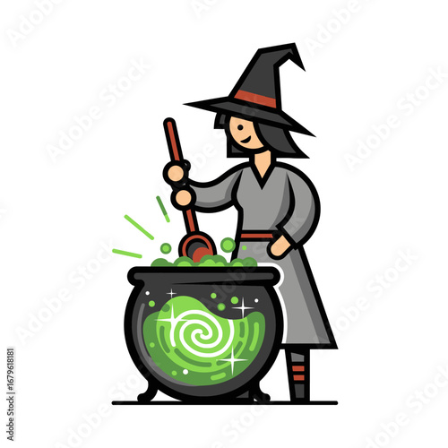 Witch stirring a bubbling potion in a cauldron with a big spoon