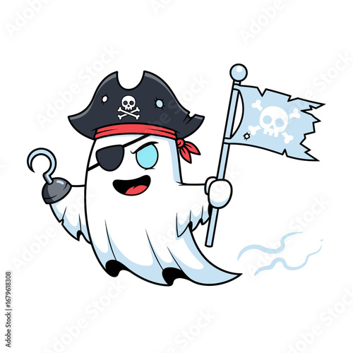 Ghost Pirate Cartoon Character with Skull Flag, Hook Hand, and Eye Patch