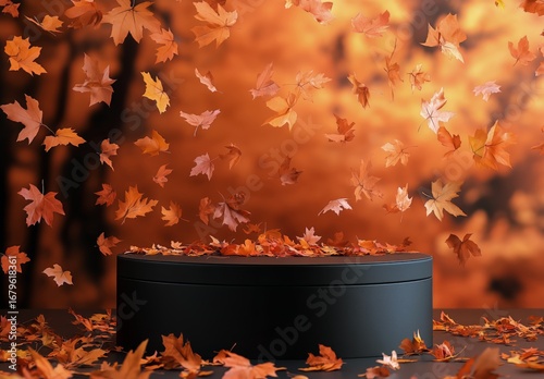 Colorful Autumn Leaves Fall Around a Black Pedestal in an Outdoor Setting Dur...
