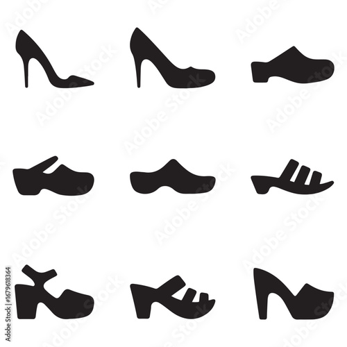 Set icon women shoes silhouette. High heels. Clogs. Sandals. Abstract design logo. Logotype. Vector black silhouette. with white background