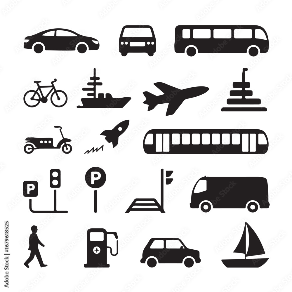 Fototapeta premium Collection of transportation icons featuring cars buses airplanes ships and more for design projects
