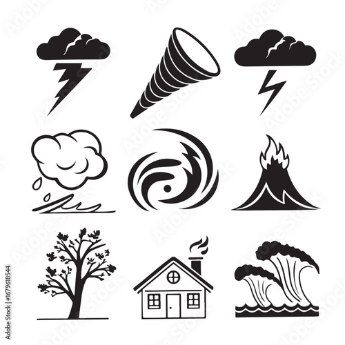 Collection of weather and natural disaster icons representing storms and catastrophes