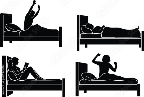 People in bed silhouette vector showing sleeping, waking up, reading, and stretching — daily bedroom routine concept for lifestyle illustration.