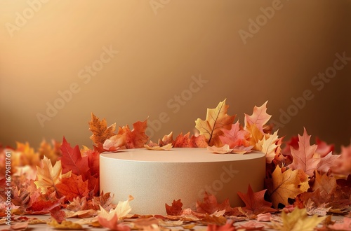 Autumn Leaves Arranged on a Wooden Platform With a Warm Brown Backdrop.