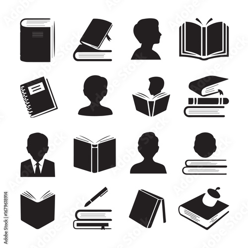 Collection of black and white silhouette icons representing reading education learning and knowledge acquisition