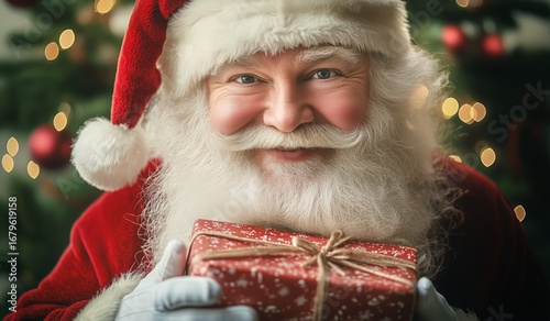 Smiling Santa Claus Holding a Gift Surrounded by Festive Decorations During t...