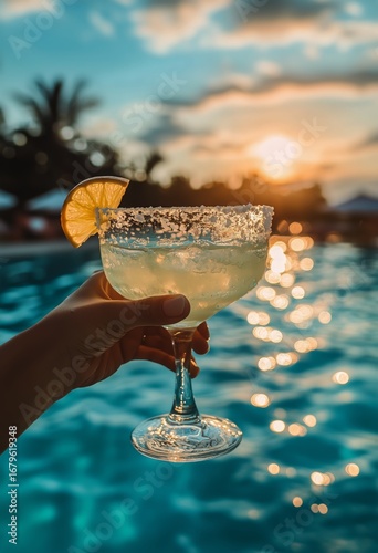 Enjoying a Refreshing Drink by the Sparkling Pool on a Sunny Afternoon.