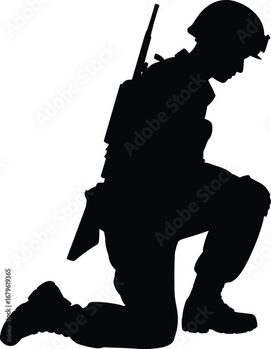 Silhouette of kneeling armed soldier in helmet showing honor and respect, perfect vector illustration for military tribute and memorial design