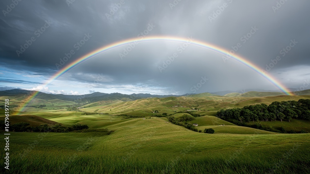 Fototapeta premium Symbol of hope a rainbow shines over meadows