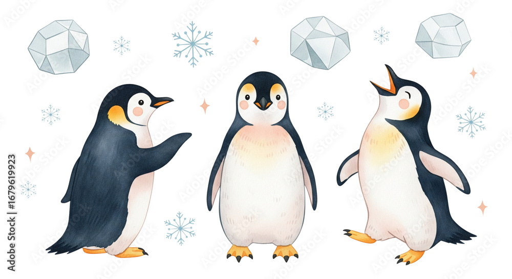 Naklejka premium A fun watercolor illustration of three adorable penguins surrounded by snowflakes and ice crystals. A cheerful winter concept.