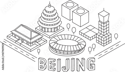 Isometric Beijing China Skyline Vector Illustration with Famous Landmarks and City Name