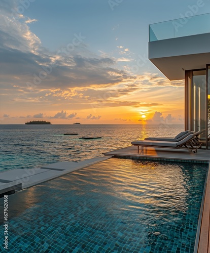 Luxurious Beachfront Villa With Infinity Pool at Sunset Overlooking Calm Ocea...