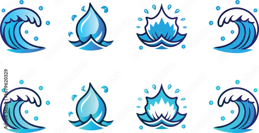 Obraz premium Set of water wave and droplet icons, representing fluid motion and purity