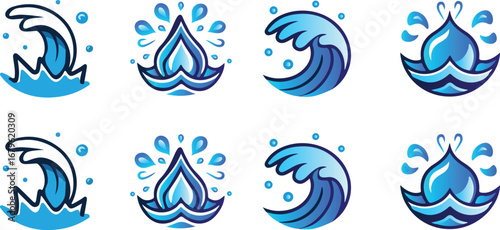 Collection of dynamic blue water wave and splash icons, symbolizing freshness and fluidity in a modern vector design