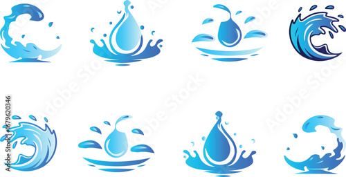 Collection of water icons showing waves, droplets and splashes for various uses