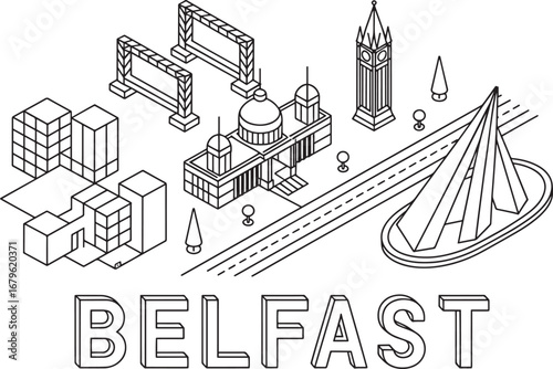 Isometric Belfast Cityscape Outline Illustration Featuring Landmarks and Urban Elements