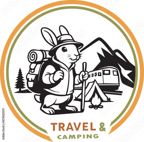 A rabbit mascot with backpack, hiking stick, campfire, tent, and mountain landscape. Perfect outdoor camping logo for adventure, hiking clubs, camping gear, eco travel, and tourism branding.