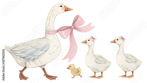 Watercolor goose family illustration with pink bows cute farm animals mother and baby geese clipart