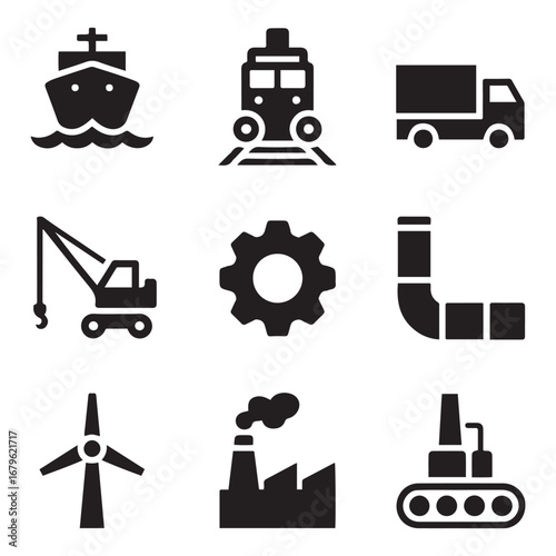 Set of Icon of industrial services and transportation means. Vector black silhouette. with white background