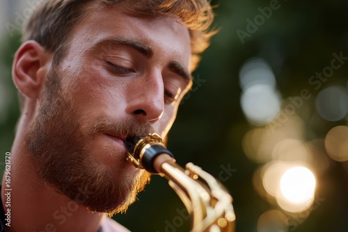 A street musician playing a soulful saxophone solo in a crowded urban park during sunset