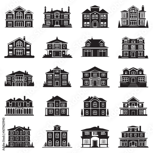 Collection of diverse architectural styles of classic american residential houses and mansions in silhouette
