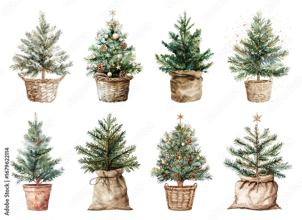 Fototapeta premium PNG Charming watercolor Christmas trees, element set on transparent background