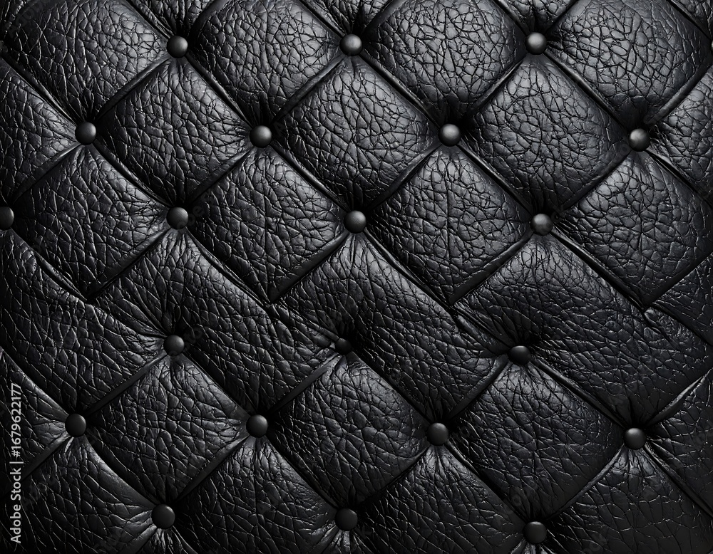 Fototapeta premium A rich, textured surface of deep black leather, highlighted by diamond-shaped quilting and numerous decorative buttons.
