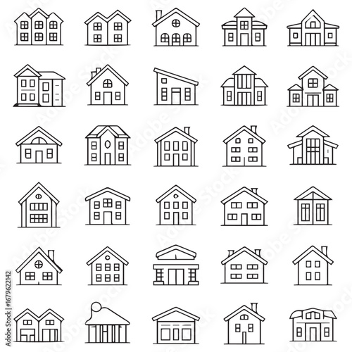 Collection of diverse architectural styles of houses and buildings rendered in a simple black and white sketch outline style