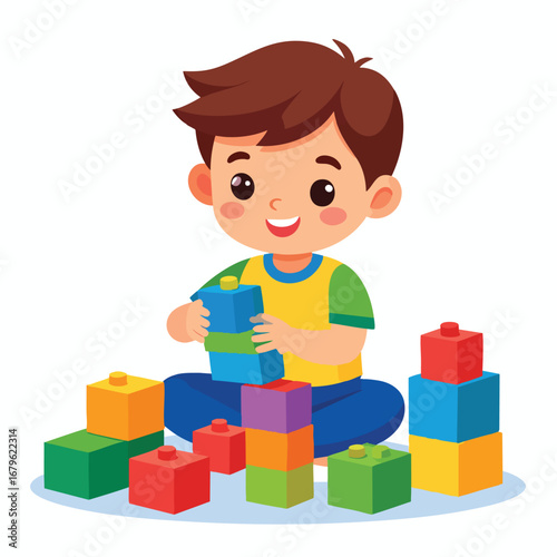 Happy boy joyfully plays with colorful building blocks, constructing towers and structures.