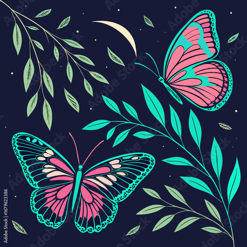 butterflies and leaves on a dark background
