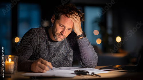 Stressed Car Buyer Reviewing Financial Documents at Night